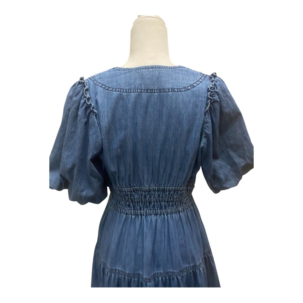 Pilcro Anthropologie Smocked Puff Sleeve Denim Dress Size Small Prairie Blue - Picture 6 of 8